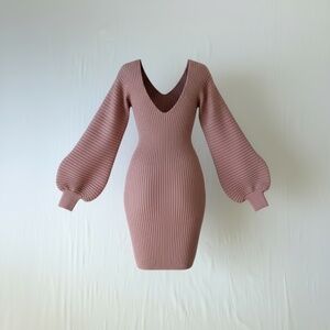 NWOT Fashion Nova BodyCon Blush Mini Dress Balloon Sleeves V Neck Ribbed Knit M